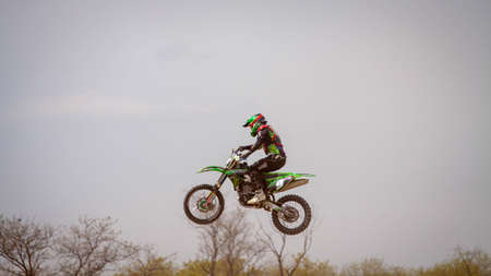 RUSSIA, Novoshakhtinsk - MAY 08, 2021: Motorcyclists ride sports cross-country motorcycles off-roadのeditorial素材