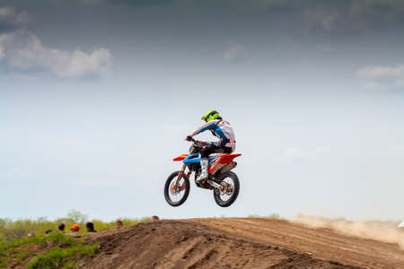 RUSSIA, Novoshakhtinsk - MAY 08, 2021: Motorcyclists ride sports cross-country motorcycles off-road