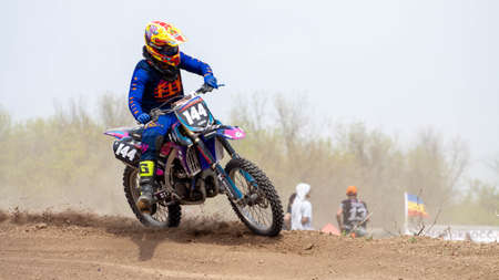 RUSSIA, Novoshakhtinsk - MAY 08, 2021: Motorcyclists ride sports cross-country motorcycles off-roadのeditorial素材