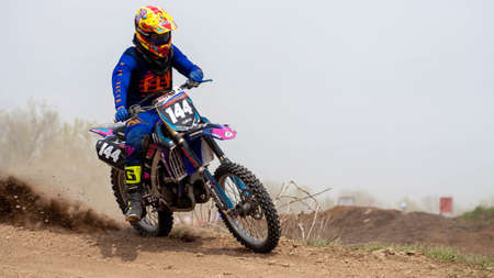 RUSSIA, Novoshakhtinsk - MAY 08, 2021: Motorcyclists ride sports cross-country motorcycles off-roadのeditorial素材