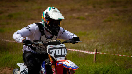 RUSSIA, Novoshakhtinsk - MAY 08, 2021: Motorcyclists ride sports cross-country motorcycles off-roadのeditorial素材