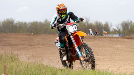 RUSSIA, Novoshakhtinsk - MAY 08, 2021: Motorcyclists ride sports cross-country motorcycles off-roadのeditorial素材