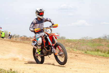 RUSSIA, Novoshakhtinsk - MAY 08, 2021: Motorcyclists ride sports cross-country motorcycles off-roadのeditorial素材