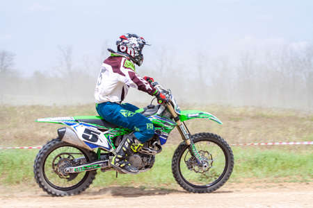 RUSSIA, Novoshakhtinsk - MAY 08, 2021: Motorcyclists ride sports cross-country motorcycles off-roadのeditorial素材