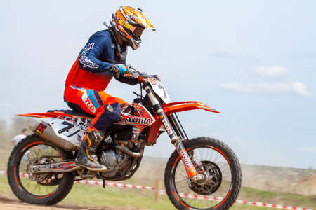 RUSSIA, Novoshakhtinsk - MAY 08, 2021: Motorcyclists ride sports cross-country motorcycles off-roadのeditorial素材