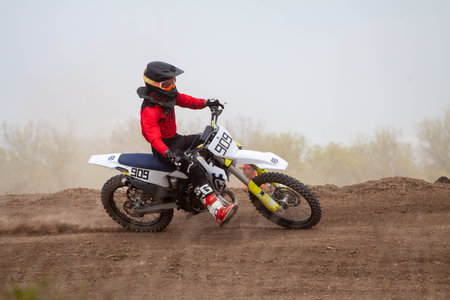 RUSSIA, Novoshakhtinsk - MAY 08, 2021: Motorcyclists ride sports cross-country motorcycles off-roadのeditorial素材