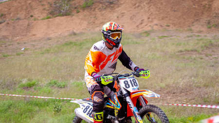 RUSSIA, Novoshakhtinsk - MAY 08, 2021: Motorcyclists ride sports cross-country motorcycles off-roadのeditorial素材