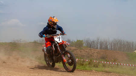 RUSSIA, Novoshakhtinsk - MAY 08, 2021: Motorcyclists ride sports cross-country motorcycles off-roadのeditorial素材