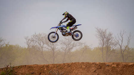 RUSSIA, Novoshakhtinsk - MAY 08, 2021: Motorcyclists ride sports cross-country motorcycles off-roadのeditorial素材
