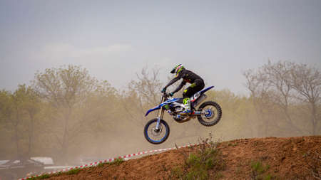 RUSSIA, Novoshakhtinsk - MAY 08, 2021: Motorcyclists ride sports cross-country motorcycles off-roadのeditorial素材