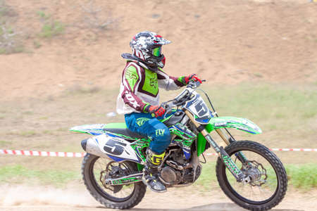 RUSSIA, Novoshakhtinsk - MAY 08, 2021: Motorcyclists ride sports cross-country motorcycles off-roadのeditorial素材