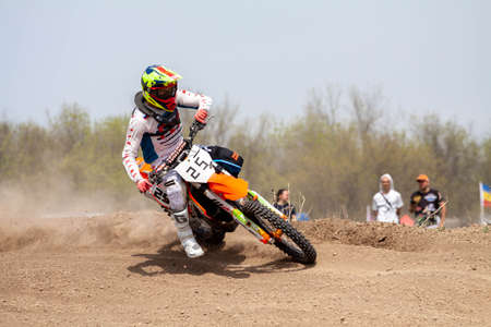 RUSSIA, Novoshakhtinsk - MAY 08, 2021: Motorcyclists ride sports cross-country motorcycles off-roadのeditorial素材