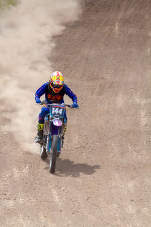 RUSSIA, Novoshakhtinsk - MAY 08, 2021: Motorcyclists ride sports cross-country motorcycles off-roadのeditorial素材