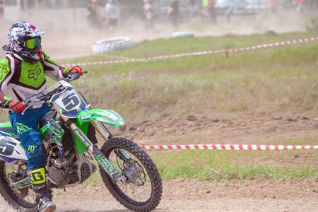 RUSSIA, Novoshakhtinsk - MAY 08, 2021: Motorcyclists ride sports cross-country motorcycles off-roadのeditorial素材