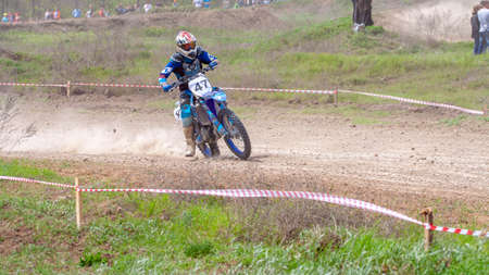 RUSSIA, Novoshakhtinsk - MAY 08, 2021: Motorcyclists ride sports cross-country motorcycles off-roadのeditorial素材