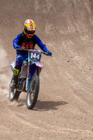 RUSSIA, Novoshakhtinsk - MAY 08, 2021: Motorcyclists ride sports cross-country motorcycles off-roadのeditorial素材