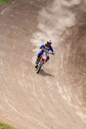 RUSSIA, Novoshakhtinsk - MAY 08, 2021: Motorcyclists ride sports cross-country motorcycles off-roadのeditorial素材