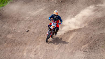 RUSSIA, Novoshakhtinsk - MAY 08, 2021: Motorcyclists ride sports cross-country motorcycles off-roadのeditorial素材