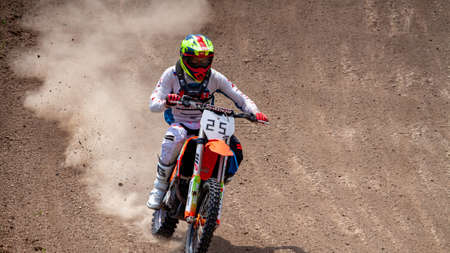 RUSSIA, Novoshakhtinsk - MAY 08, 2021: Motorcyclists ride sports cross-country motorcycles off-roadのeditorial素材