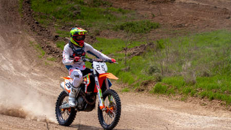RUSSIA, Novoshakhtinsk - MAY 08, 2021: Motorcyclists ride sports cross-country motorcycles off-roadのeditorial素材