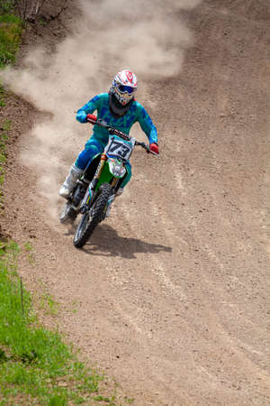 RUSSIA, Novoshakhtinsk - MAY 08, 2021: Motorcyclists ride sports cross-country motorcycles off-roadのeditorial素材