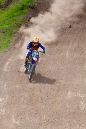 RUSSIA, Novoshakhtinsk - MAY 08, 2021: Motorcyclists ride sports cross-country motorcycles off-roadのeditorial素材