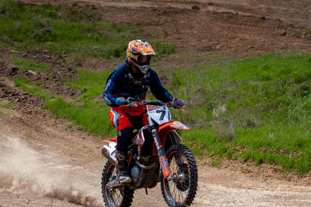 RUSSIA, Novoshakhtinsk - MAY 08, 2021: Motorcyclists ride sports cross-country motorcycles off-roadのeditorial素材