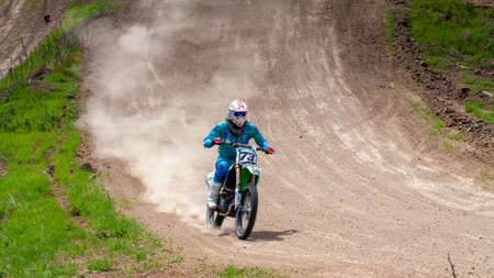 RUSSIA, Novoshakhtinsk - MAY 08, 2021: Motorcyclists ride sports cross-country motorcycles off-roadのeditorial素材