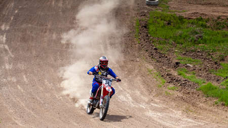 RUSSIA, Novoshakhtinsk - MAY 08, 2021: Motorcyclists ride sports cross-country motorcycles off-roadのeditorial素材