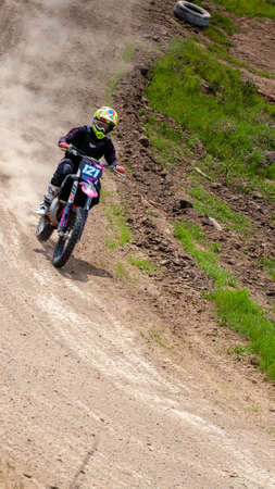 RUSSIA, Novoshakhtinsk - MAY 08, 2021: Motorcyclists ride sports cross-country motorcycles off-roadのeditorial素材