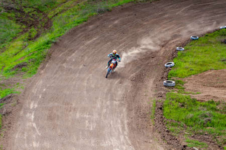 RUSSIA, Novoshakhtinsk - MAY 08, 2021: Motorcyclists ride sports cross-country motorcycles off-roadのeditorial素材