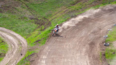 RUSSIA, Novoshakhtinsk - MAY 08, 2021: Motorcyclists ride sports cross-country motorcycles off-roadのeditorial素材
