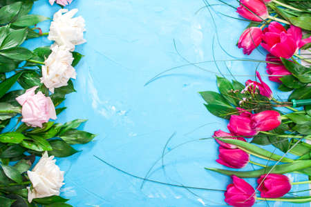 beautiful background with flowers . Spring summer border template floral background. Light air delicate artistic image, free space.の写真素材