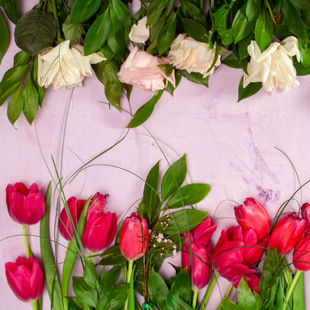 beautiful background with flowers . Spring summer border template floral background. Light air delicate artistic image, free space.の写真素材