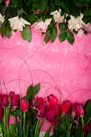 beautiful background with flowers . Spring summer border template floral background. Light air delicate artistic image, free space.の写真素材