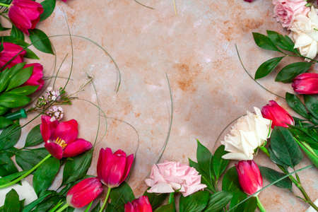 beautiful background with flowers . Spring summer border template floral background. Light air delicate artistic image, free space.の写真素材