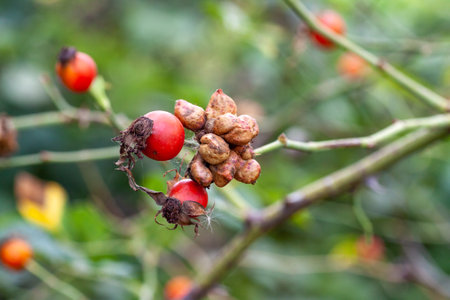 or Rosehip disease what is making the bush drying. Plant disease of Wild Rose on dandelion Dog Rose field background. High quality photoの写真素材