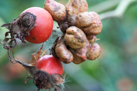 or Rosehip disease what is making the bush drying. Plant disease of Wild Rose on dandelion Dog Rose field background. High quality photoの写真素材