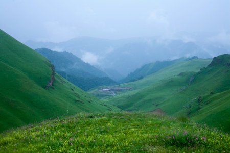 Beautiful view of Mount Elbrus and mountains , North Caucasus mountains, plateau Bermamytの写真素材
