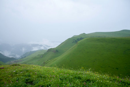 Beautiful view of Mount Elbrus and mountains , North Caucasus mountains, plateau Bermamytの写真素材