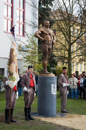 LITOVEL, CZECH REPUBLIC - NOVEMBER 8 2013 - Unveiling the statue of Czech wrestler Gustav FriÅ¡tenskÃ½ known around the world who wrestled 40 years - 1889 to 1939 - and as a professional celebrated around 10,000 victory のeditorial素材