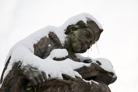 Detail of the statue of St  John of Nepomuk on the bridge in Litovel in winterの写真素材