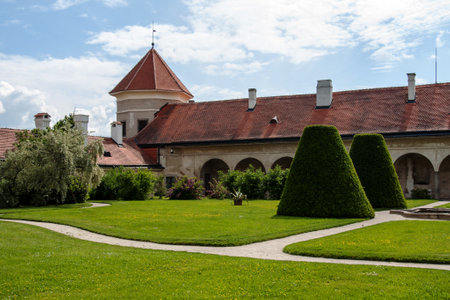 TELC, CZECH REPUBLIC, JUNE 3, 2014 - Castle Garden in Telc, old from sixteenth century castle built in gothic styleのeditorial素材