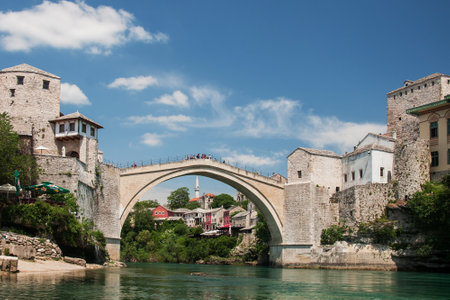The famous bridge in Mostar, Bosnia and Herzegovina, destroyed by war in 1993 and restored again and opened in 2004のeditorial素材