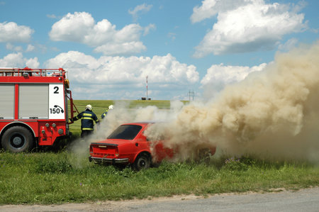 JESOV, CZECH REPUBLIC, JUNE 29, 2008 - Exercise firemen, demonstration of fire extinguishing of car