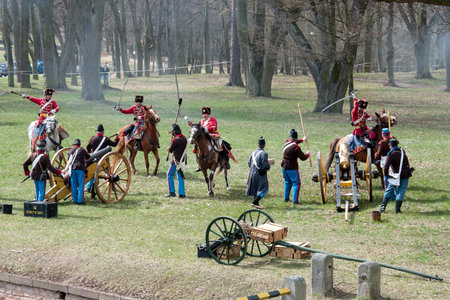 JOSEFOV, CZECH REPUBLIC, APRIL 04, 2015 - Demonstration of a battle in the Prussian-Austrian war in 1866のeditorial素材