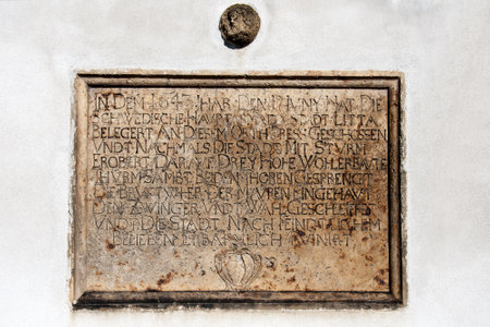 LITOVEL CZECH REPUBLIC OCTOBER 13 2009 A commemorative plaque and stone cannonball as a reminder of Litovel conquest by the Swedes in 1643のeditorial素材