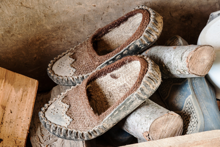 Unique handmade shoes worn by older women in the Romanian Banat