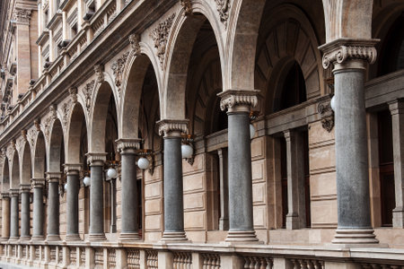 Arcades along the building of the National Theater in Prague, Czech Republic