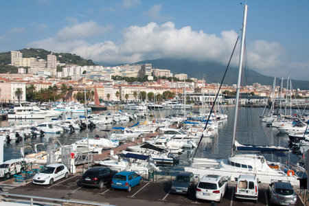 AJACCIO, CORSICA, FRANCE, AUGUST 30, 2016: Marina of capital of Ajaccio with moored pleasure boats and Luxury Yachtのeditorial素材